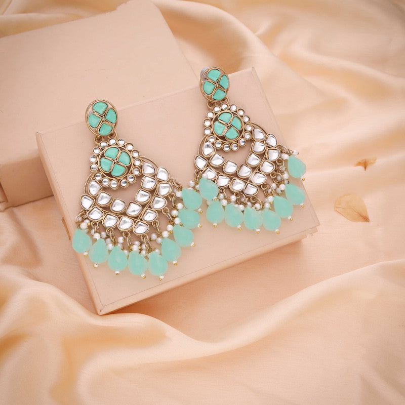 Tehzeeb Creations Gold Polish Kundan Sea Green Colour Earrings | Swadesiicart