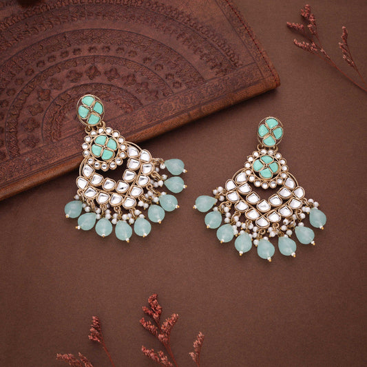 Tehzeeb Creations Gold Polish Kundan Sea Green Colour Earrings | Swadesiicart