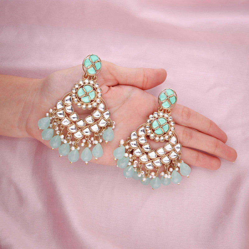 Tehzeeb Creations Gold Polish Kundan Sea Green Colour Earrings | Swadesiicart