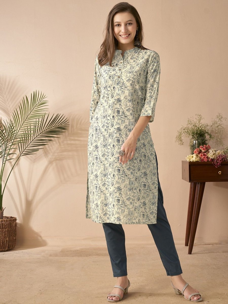 Anouk White & Blue Floral Printed Mandarin Collar Chanderi Silk Straight Kurta - Swadesiicart