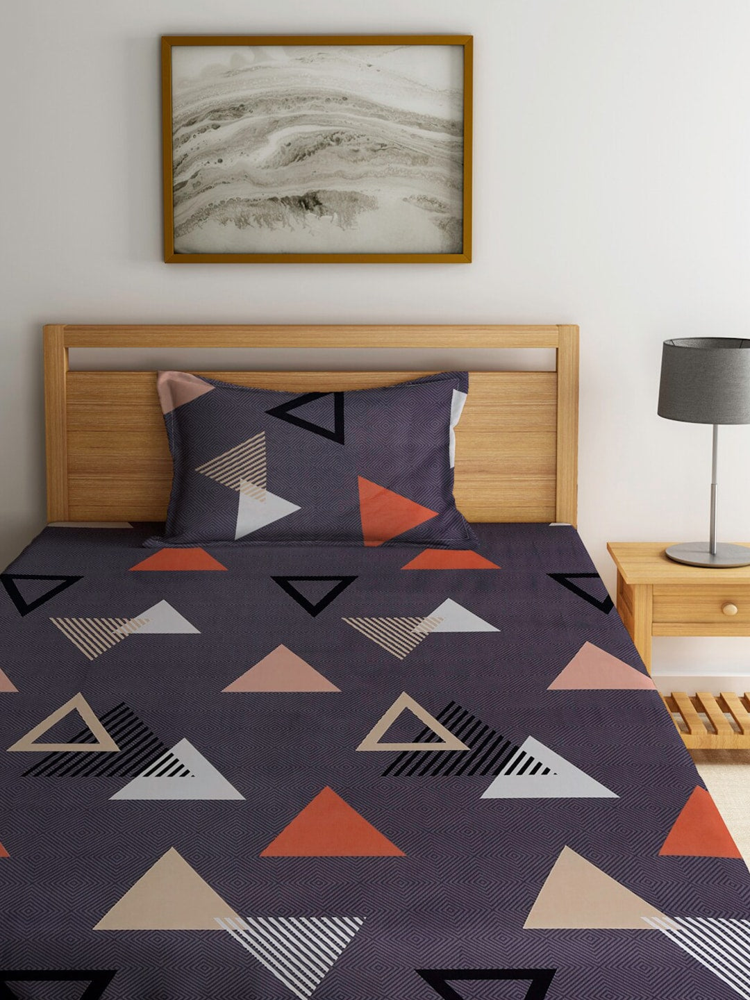 Home Sizzler Grey & White Geometric 144 TC Single Bedsheet with 1 Pillow Covers - Swadesiicart