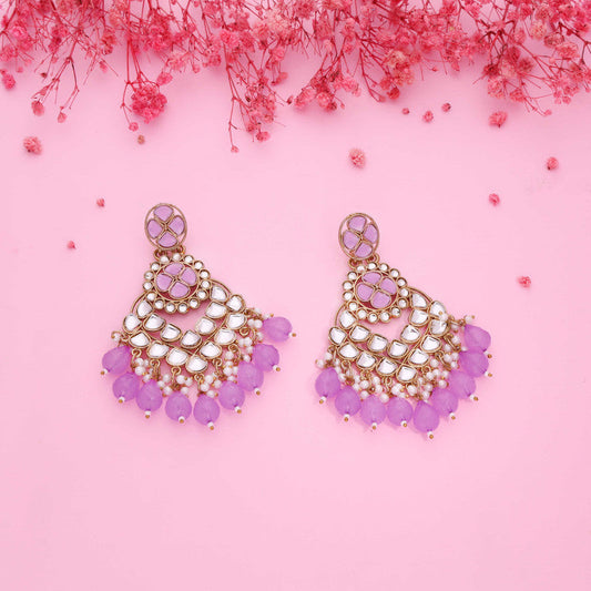Tehzeeb Creations Gold Polish Kundan Purple Colour Earrings | Swadesiicart