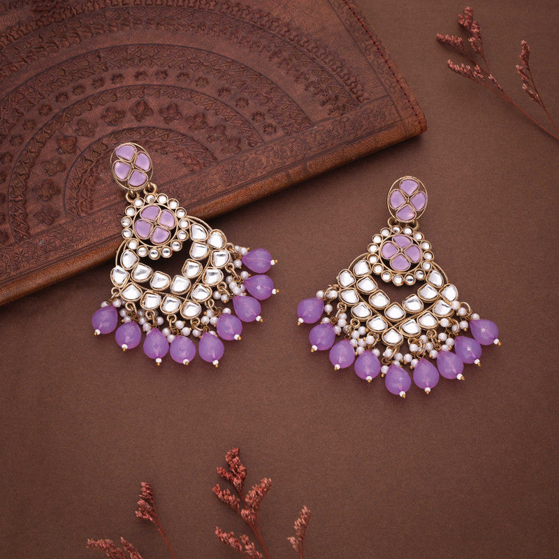 Tehzeeb Creations Gold Polish Kundan Purple Colour Earrings | Swadesiicart