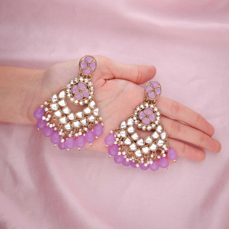 Tehzeeb Creations Gold Polish Kundan Purple Colour Earrings | Swadesiicart