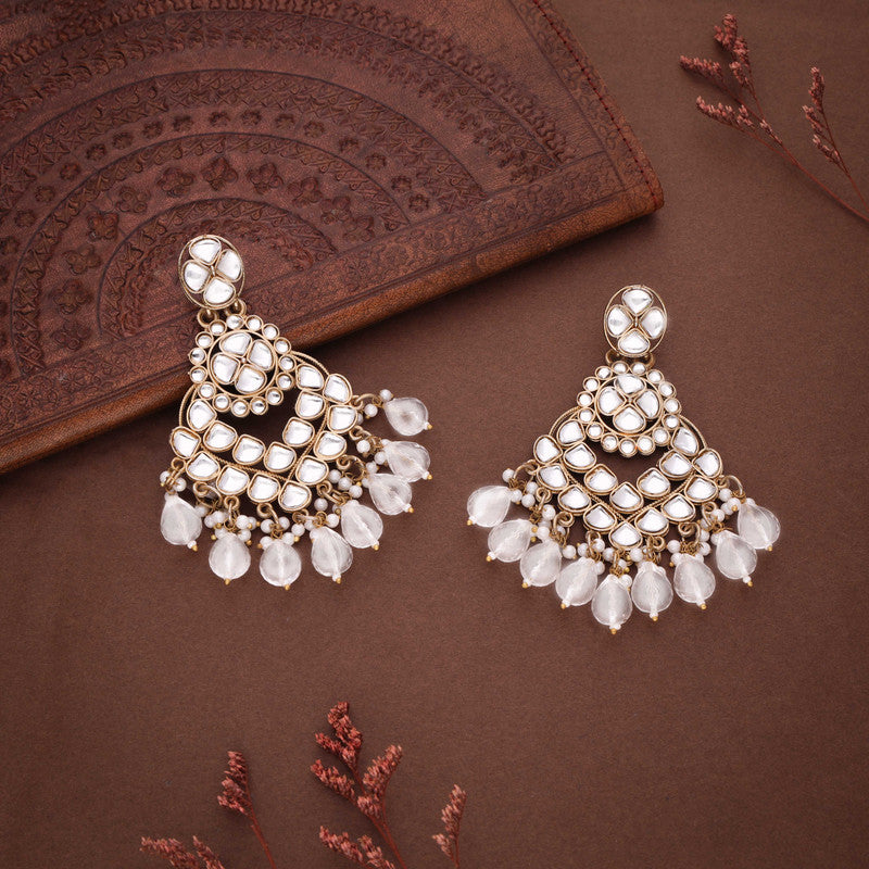 Tehzeeb Creations Gold Polish Kundan White Colour Earrings | Swadesiicart