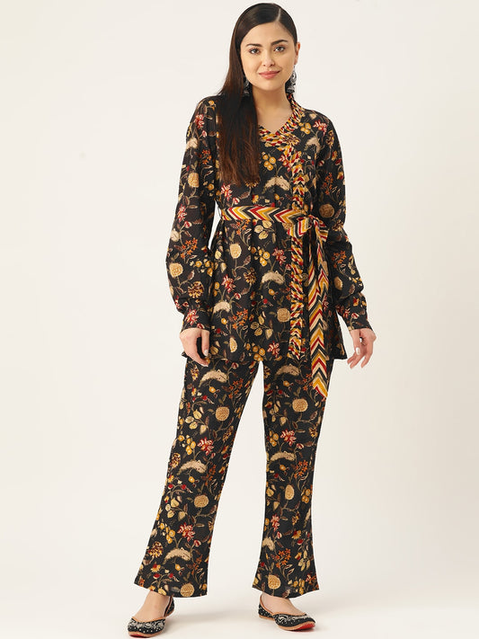 InWeave Women's Black Kalamkari Coord Set With Belt - Swadesiicart