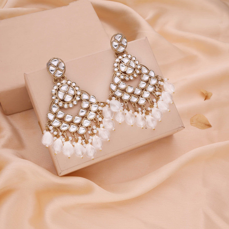 Tehzeeb Creations Gold Polish Kundan White Colour Earrings | Swadesiicart