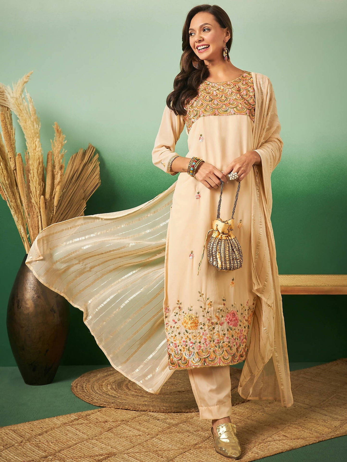 Light Orange Georgette Handwork Unstitched Dress Material - Hanika | Swadesiicart