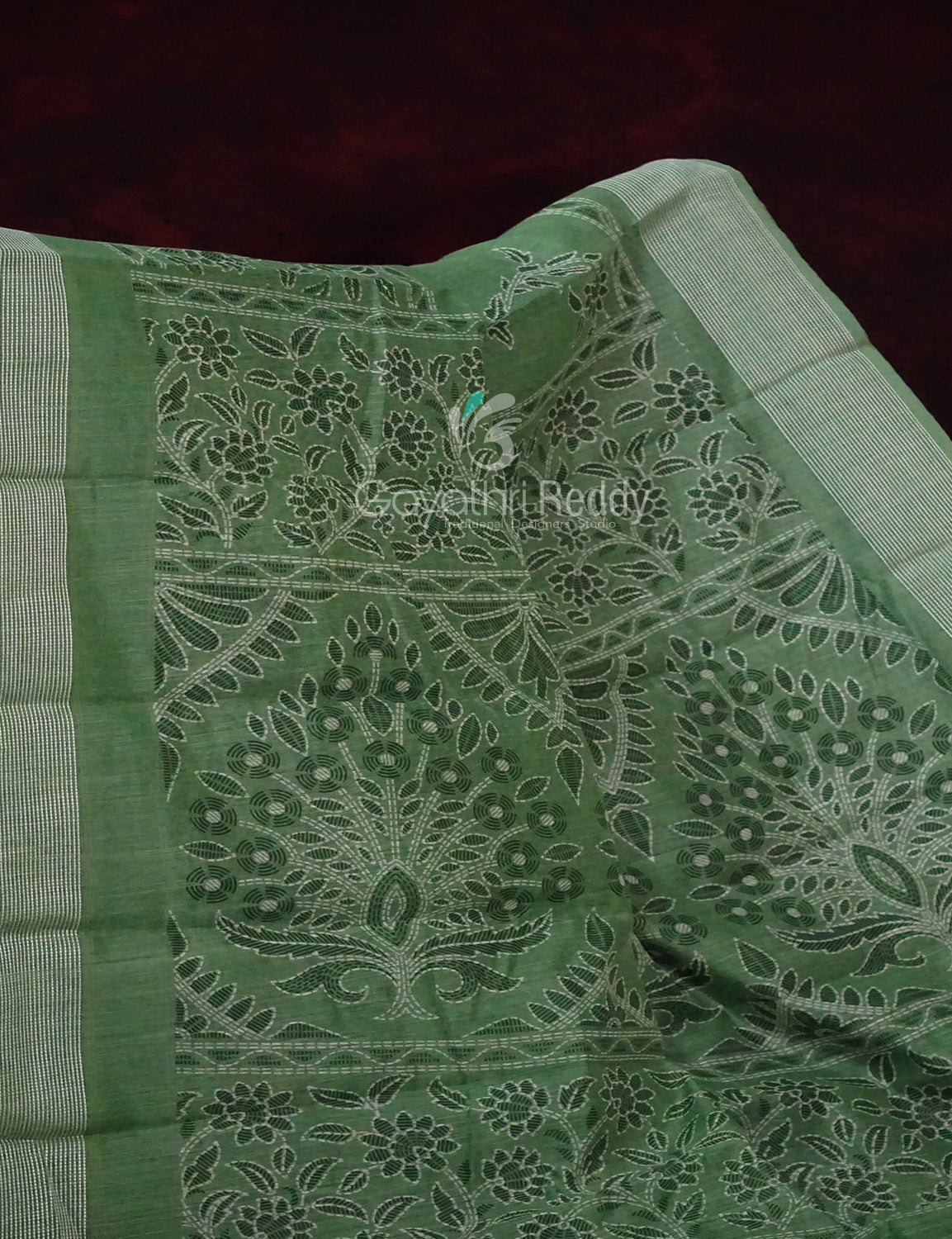 Leaf Green Coloured Block Print Semi Chanderi Saree By Gayathri Reddy Designer Studio | Swadesiicart