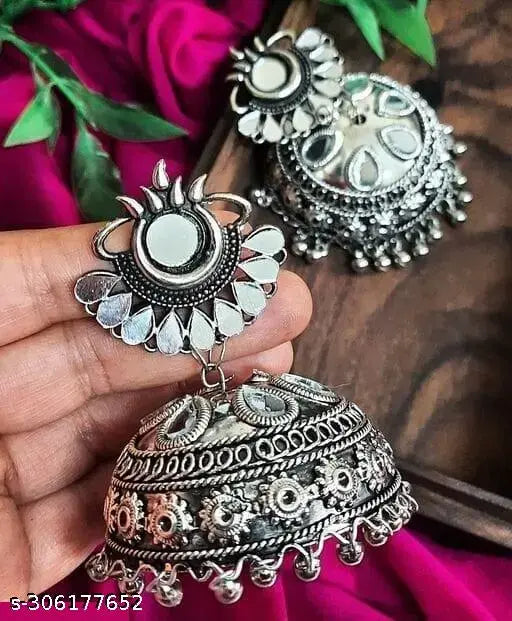 Tehzeeb Creations Women's Silver Colour Oxidised Earrings With Mirror Work | Swadesiicart
