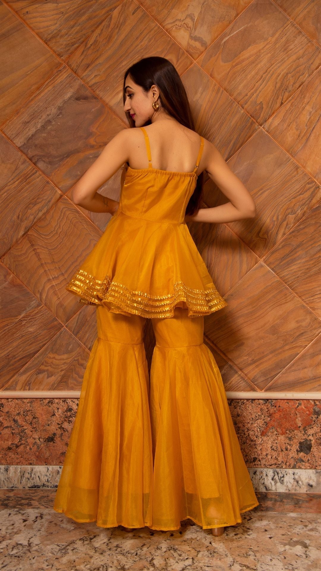 Pomcha Jaipur Murat Mustard Organza Sharara Set | Swadesiicart