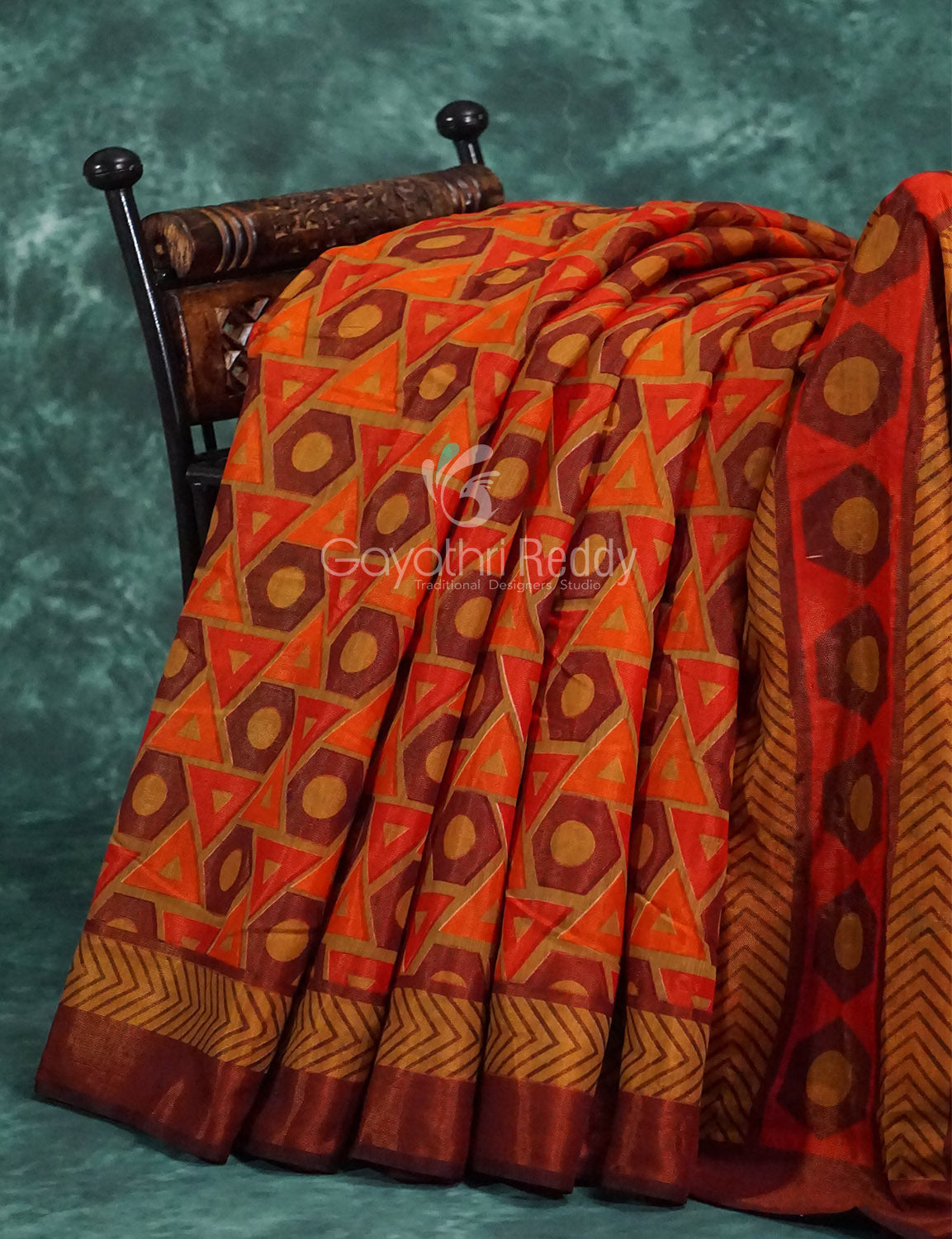 Orange and brown mix geometrical print Semi Chanderi Saree. By Gayathri Reddy Designer Studio | Swadesiicart