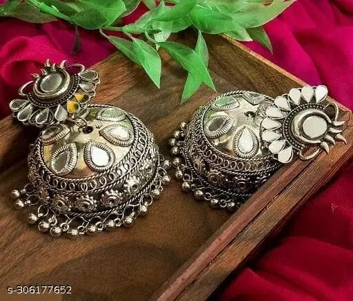 Tehzeeb Creations Women's Silver Colour Oxidised Earrings With Mirror Work | Swadesiicart