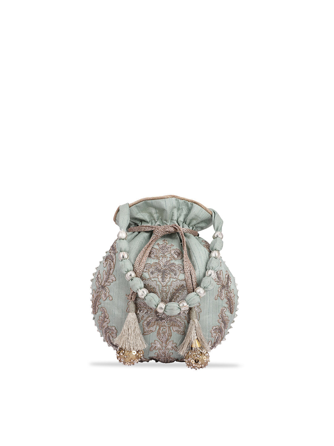 Masq Women Green & Silver-Toned Embellished Potli Clutch - Swadesiicart