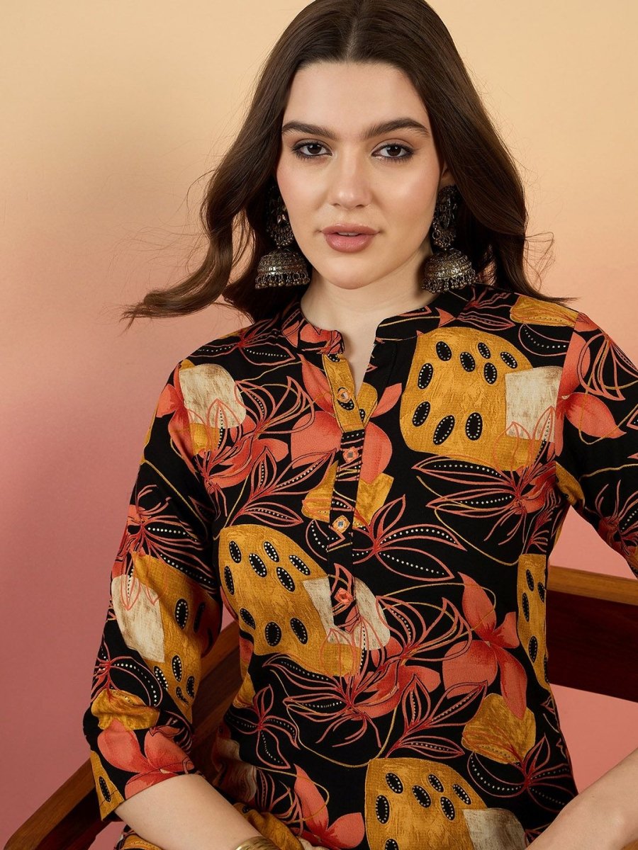 Anouk Floral Printed Mandarin Collar Straight Kurta - Swadesiicart
