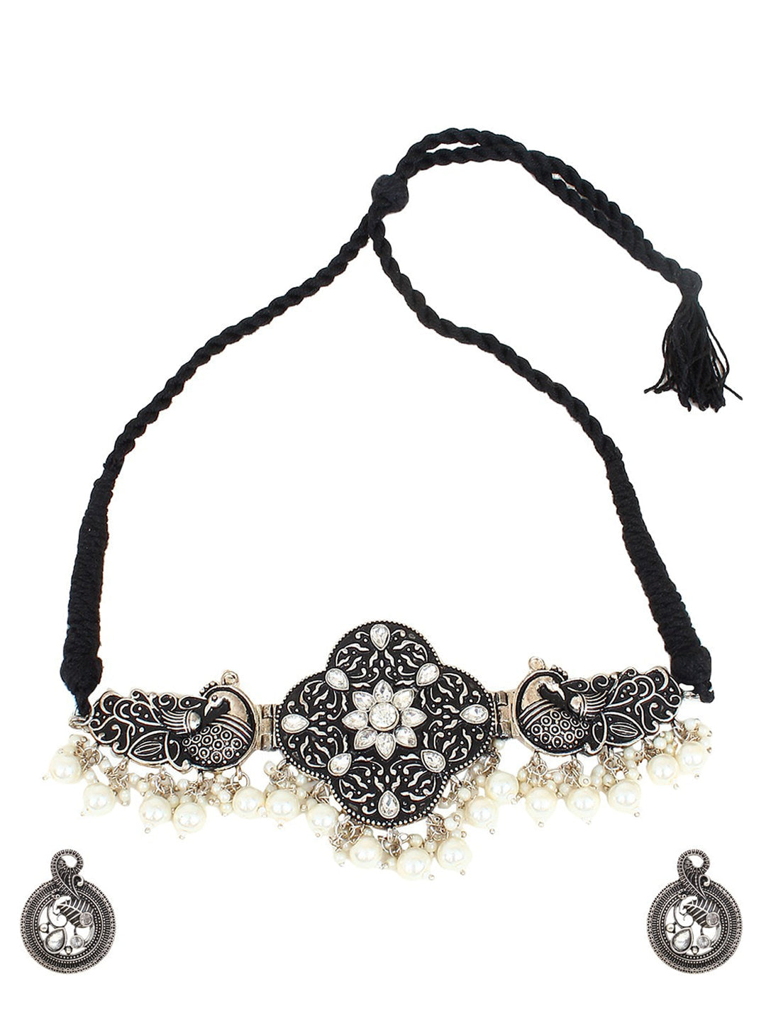 Cardinal Silver-Toned Black Colored Oxidized Choker Jewellery Set | Swadesiicart