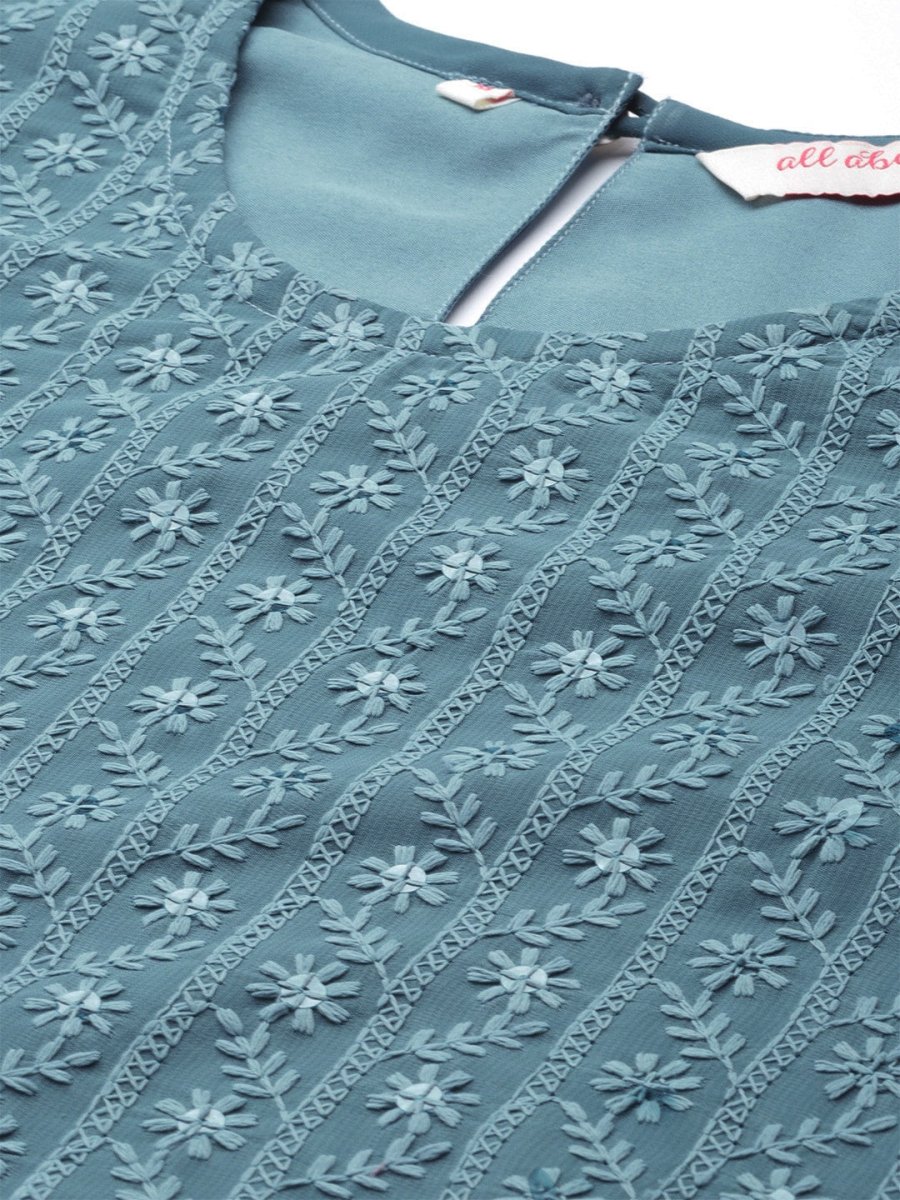 All About You Women Grey Ethnic Motifs Embroidered Regular Chikankari Kurta with Palazzos | Swadesiicart