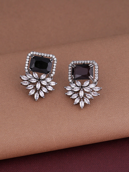 Shoshaa Silver-Plated & Black CZ Studded Contemporary Drop Earrings | Swadesiicart