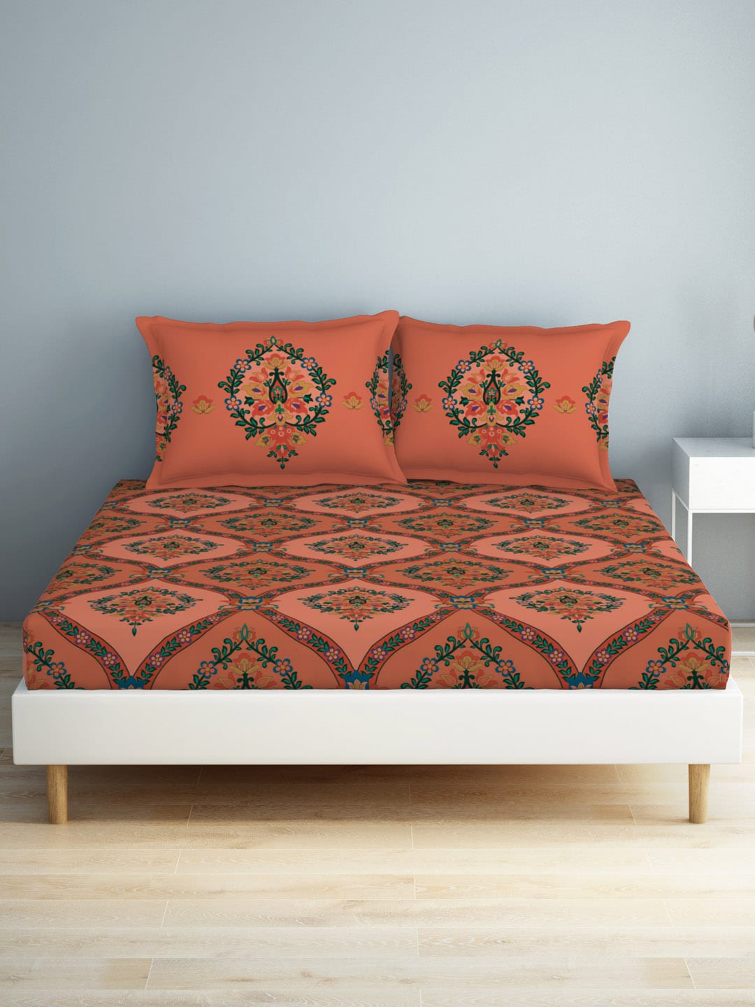 SPACES Aurum Peach Ethnic Motifs Pure Cotton 140 TC Queen Bedsheet with 2 Pillow Covers - Swadesiicart