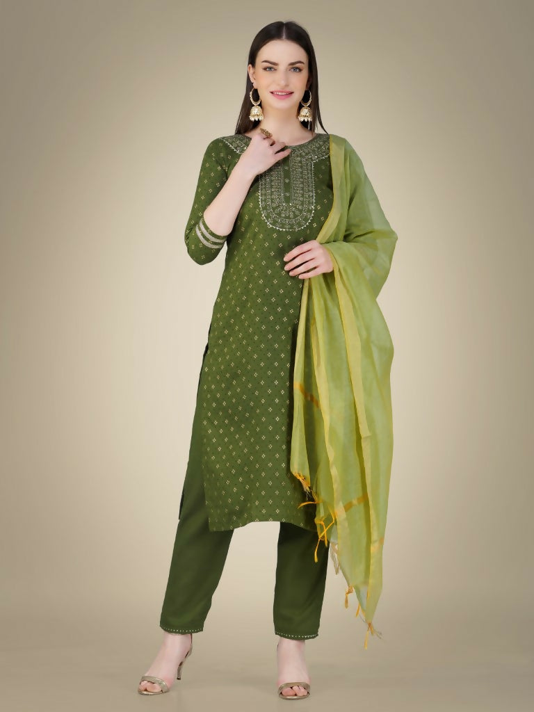 Jyoti Fashion Women's Mehendi Cotton Magic Slub Embroidery & Sequence work Kurta with Trouser & Dupatta | Swadesiicart