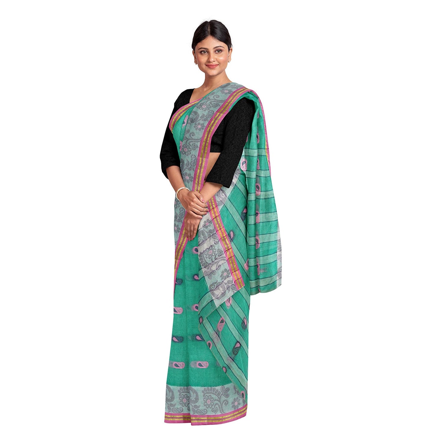 Exclusive Collection 100% Pure Cotton Green Tant Saree With Hand Weaving Work - Swadesiicart