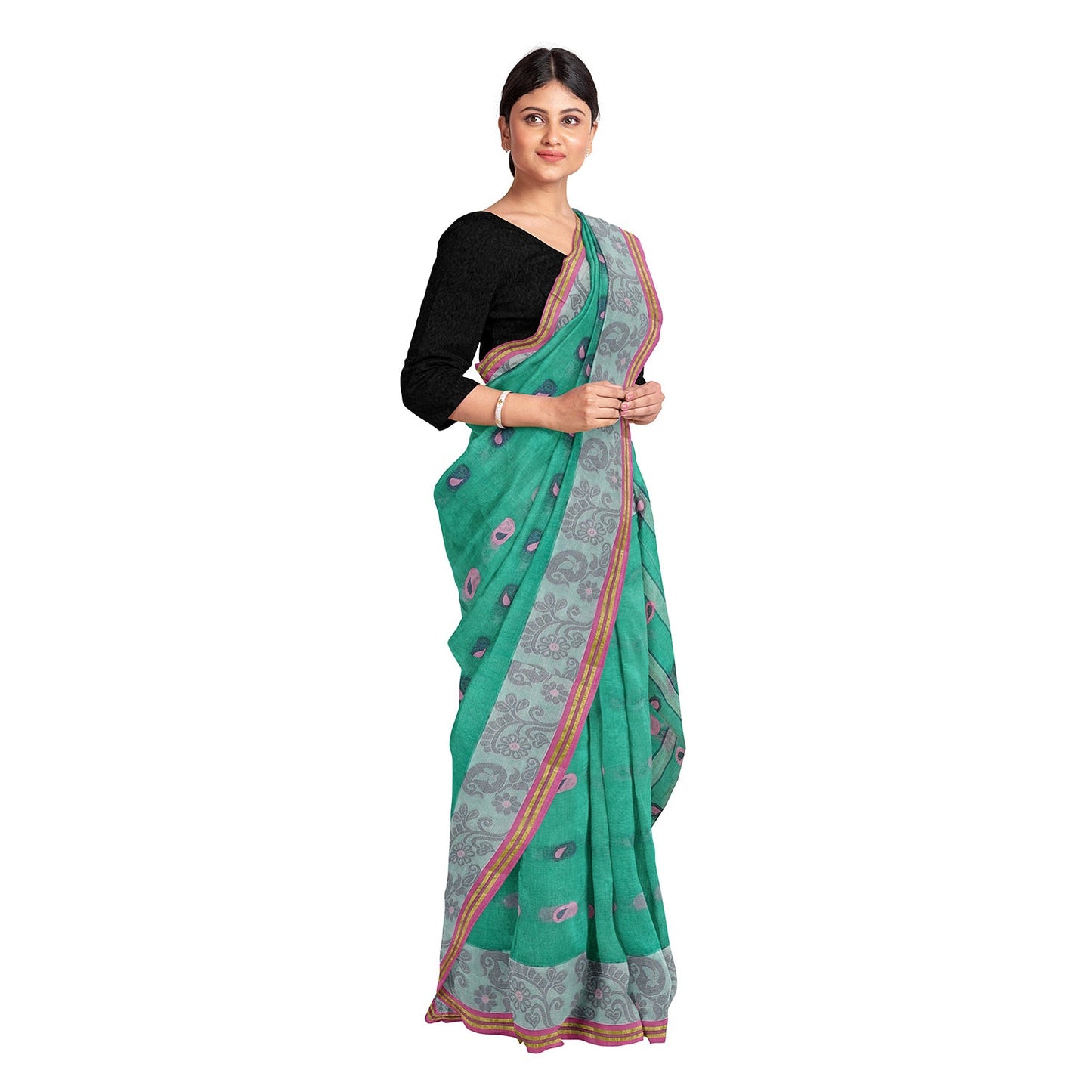 Exclusive Collection 100% Pure Cotton Green Tant Saree With Hand Weaving Work - Swadesiicart