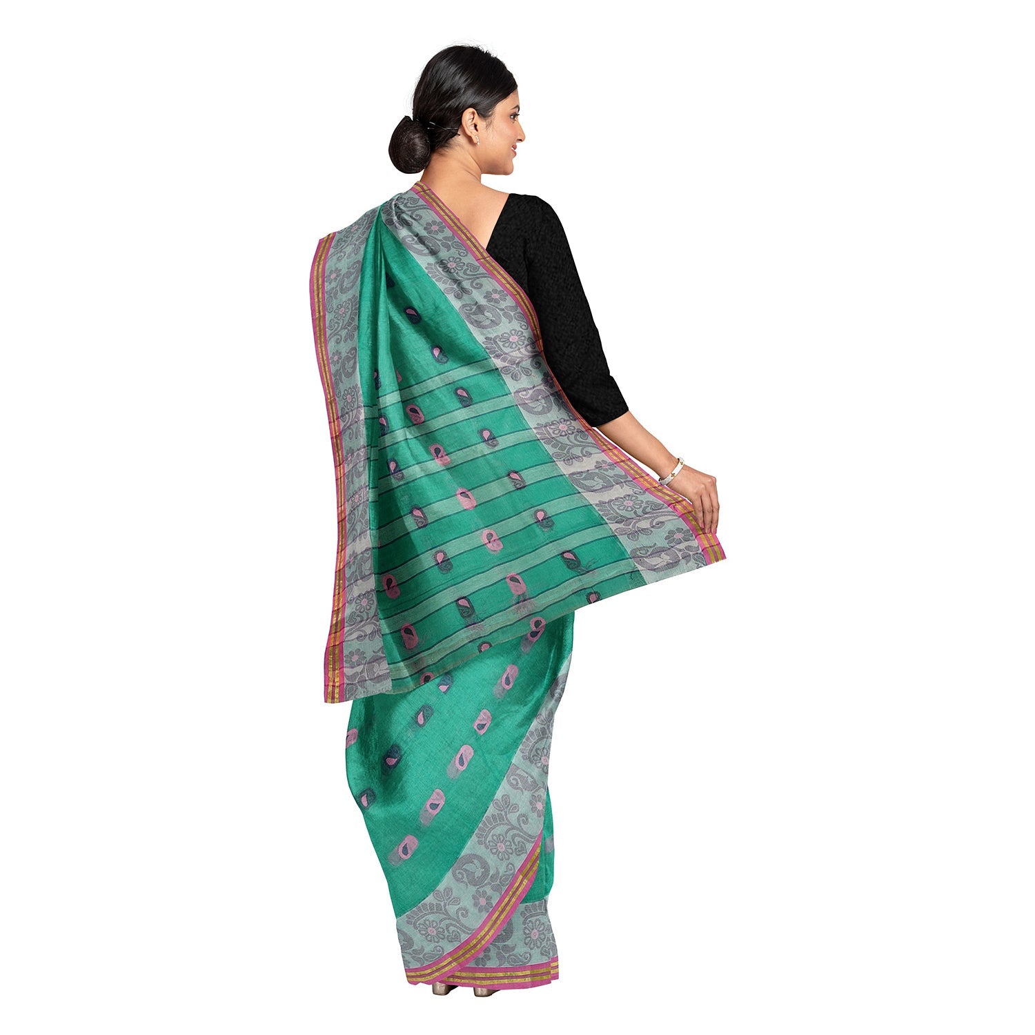 Exclusive Collection 100% Pure Cotton Green Tant Saree With Hand Weaving Work - Swadesiicart