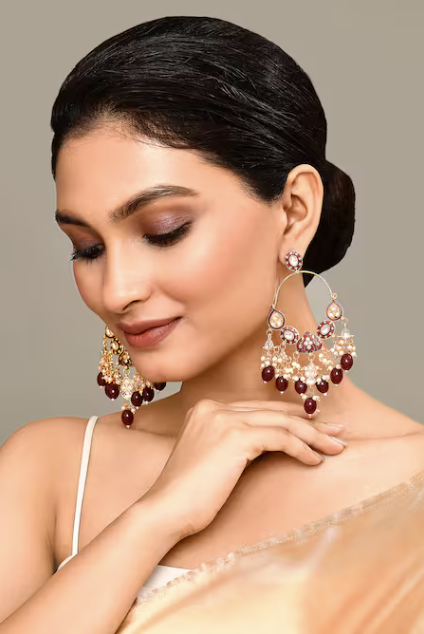 New Stylish Ethnic Partywear Maroon Hoops Kundan Earrings for Womens by House of Ree | Swadesiicart