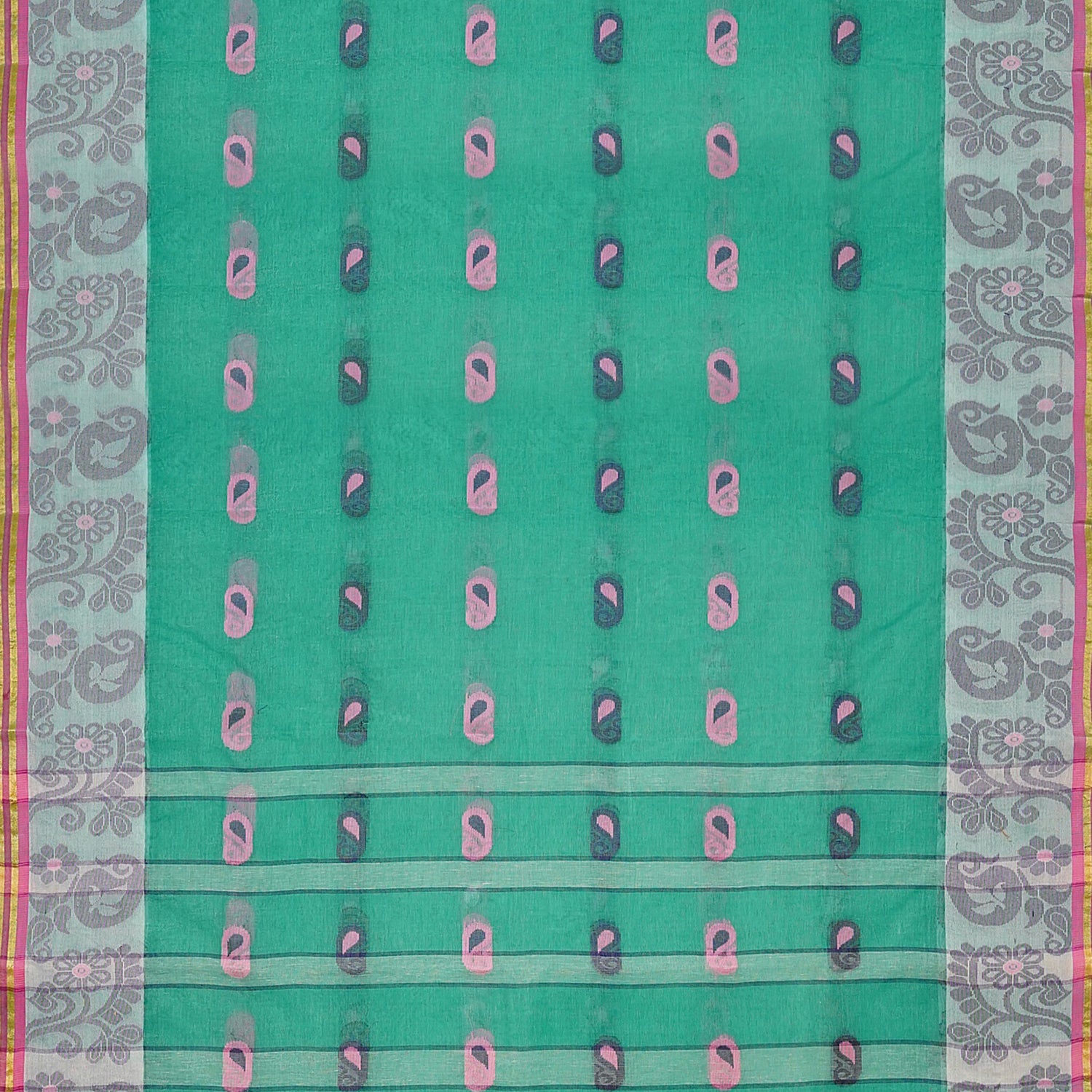 Exclusive Collection 100% Pure Cotton Green Tant Saree With Hand Weaving Work - Swadesiicart