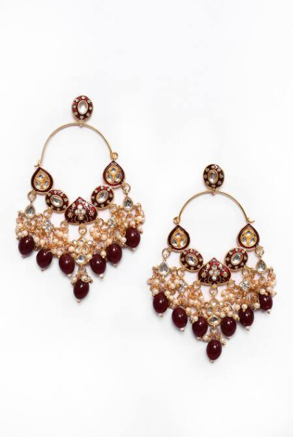 New Stylish Ethnic Partywear Maroon Hoops Kundan Earrings for Womens by House of Ree | Swadesiicart