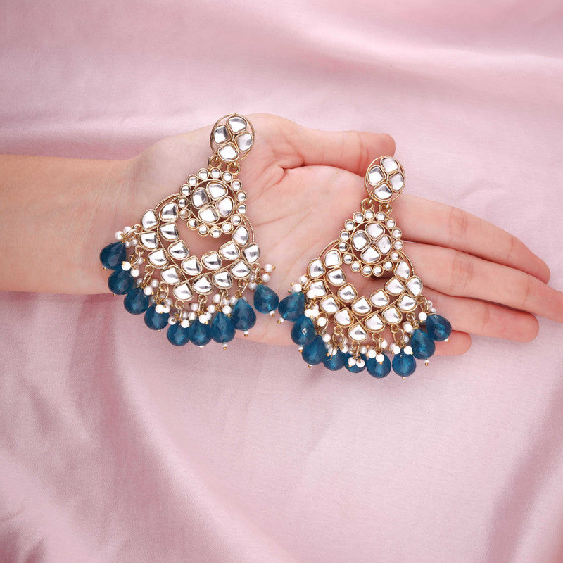 Tehzeeb Creations Gold Polish Kundan Sky Blue Colour Earrings | Swadesiicart