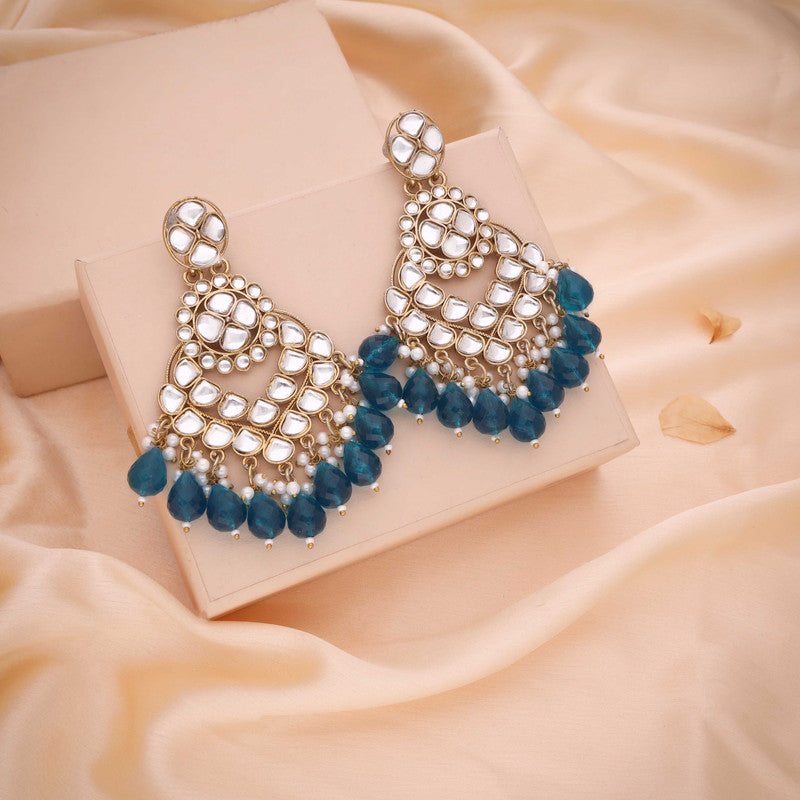 Tehzeeb Creations Gold Polish Kundan Sky Blue Colour Earrings | Swadesiicart