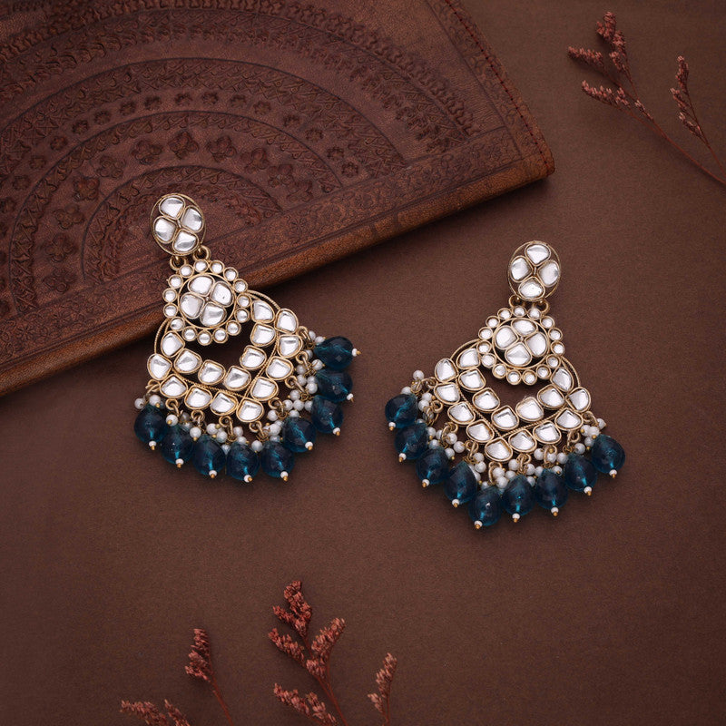 Tehzeeb Creations Gold Polish Kundan Sky Blue Colour Earrings | Swadesiicart
