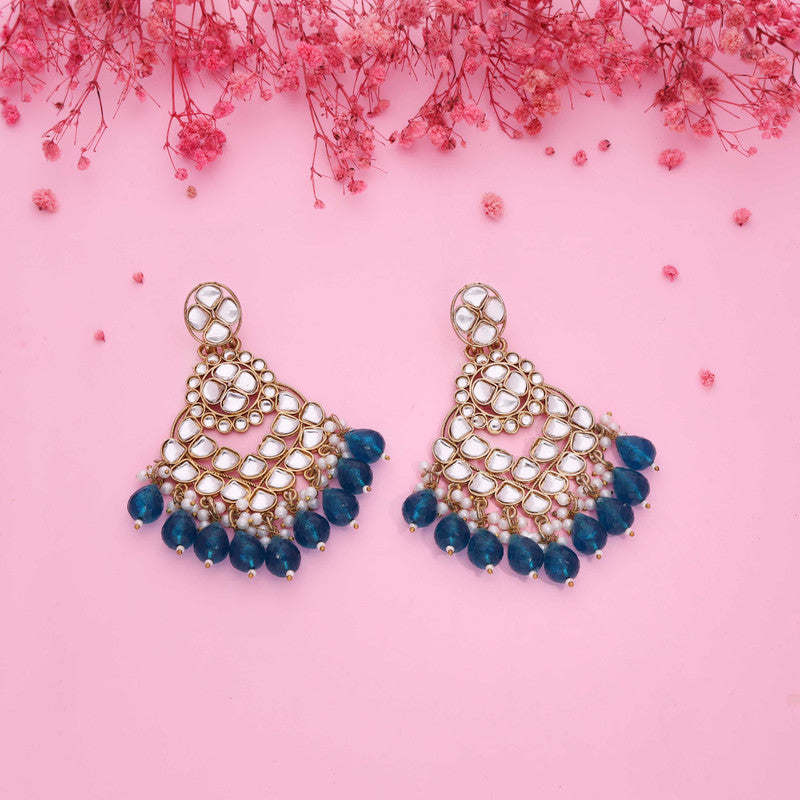 Tehzeeb Creations Gold Polish Kundan Sky Blue Colour Earrings | Swadesiicart