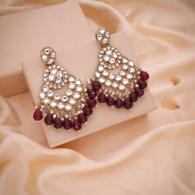 Tehzeeb Creations Gold Polish Kundan Maroon Colour Earrings | Swadesiicart