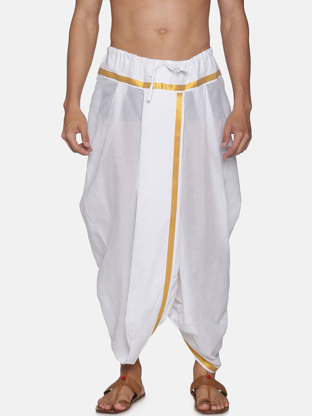 Sethukrishna Men White & Gold-Coloured Solid Readymade Cotton Dhoti Pant | Swadesiicart