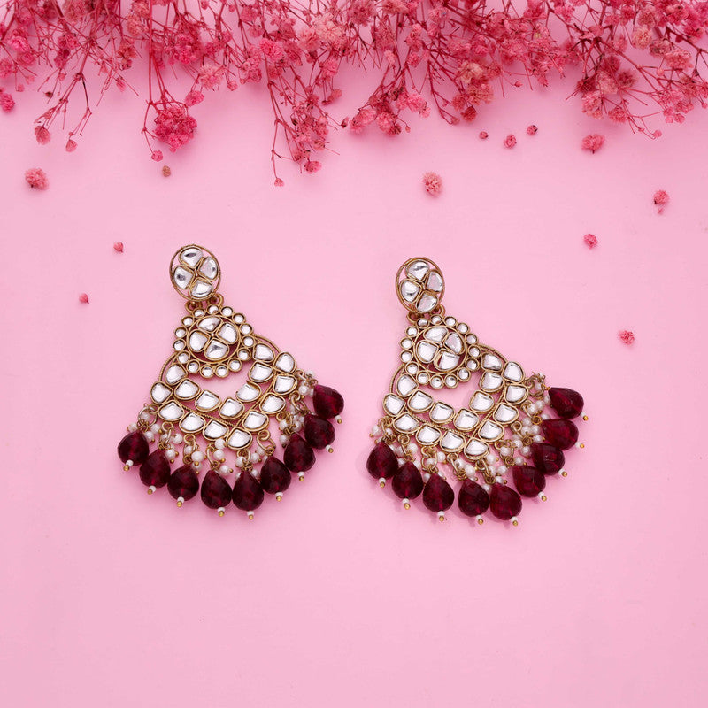 Tehzeeb Creations Gold Polish Kundan Maroon Colour Earrings | Swadesiicart