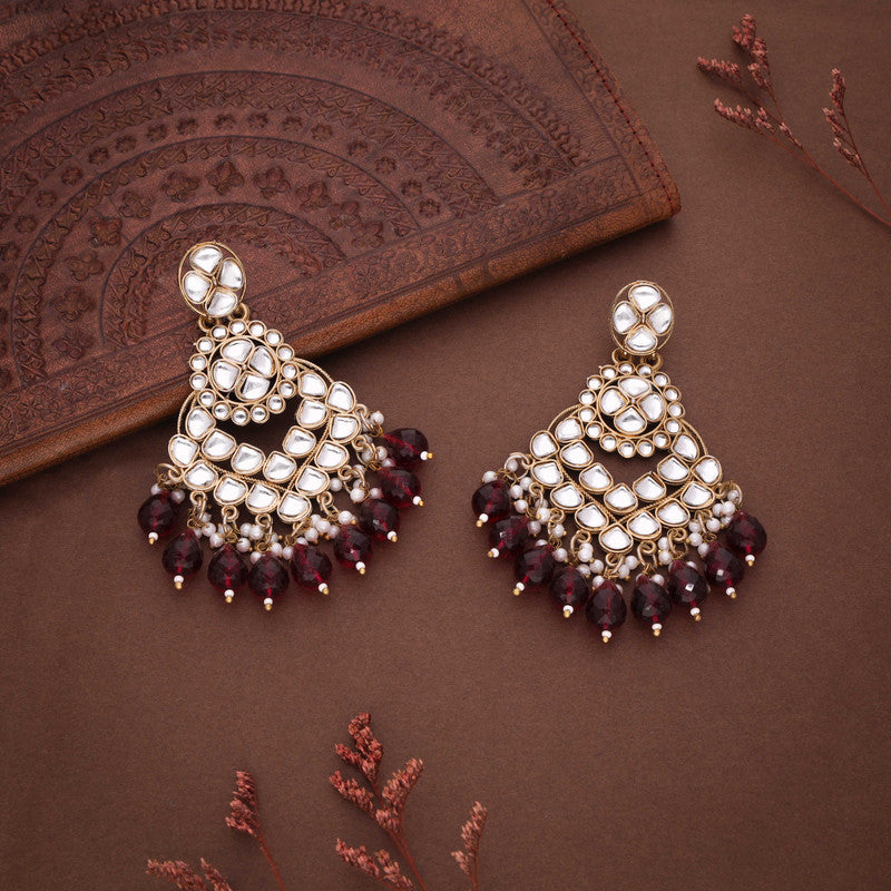 Tehzeeb Creations Gold Polish Kundan Maroon Colour Earrings | Swadesiicart