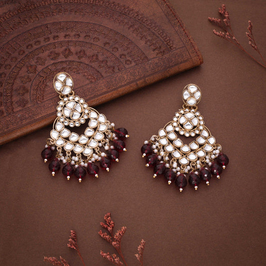 Tehzeeb Creations Gold Polish Kundan Maroon Colour Earrings | Swadesiicart