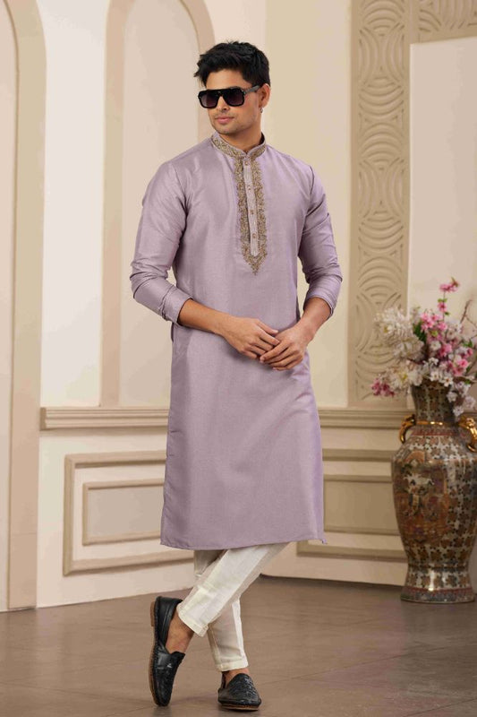 Raivat Ethnic Banarasi Art Silk Hand Work Kurta Pajama In Purple Colour | Swadesiicart