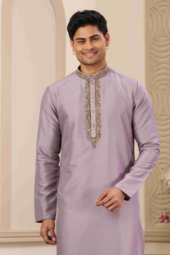 Raivat Ethnic Banarasi Art Silk Hand Work Kurta Pajama In Purple Colour | Swadesiicart