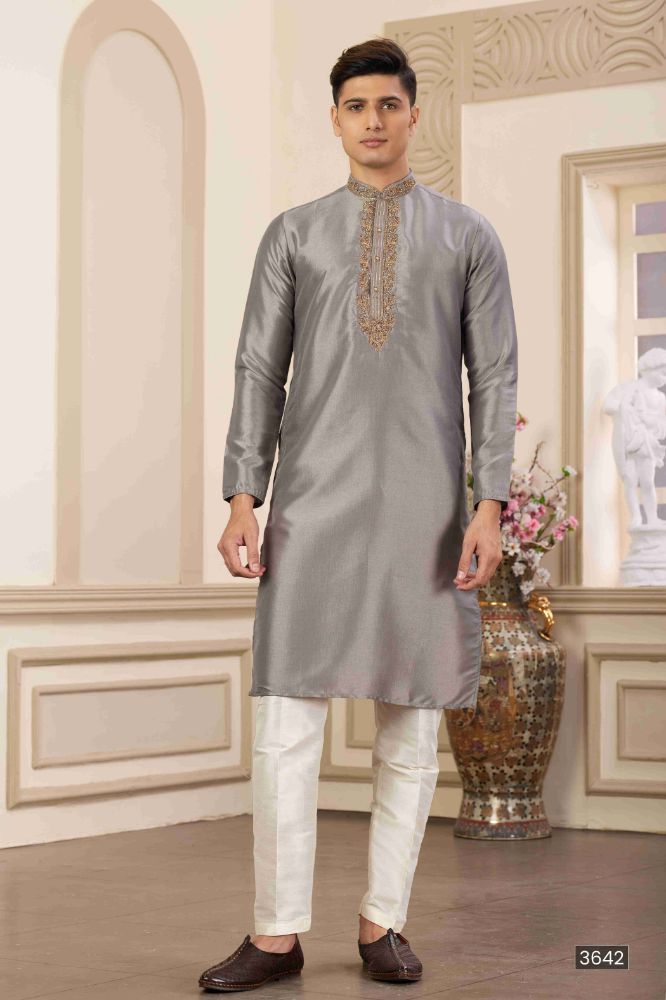 Raivat Ethnic Banarasi Art Silk Hand Work Kurta Pajama In Grey Colour | Swadesiicart