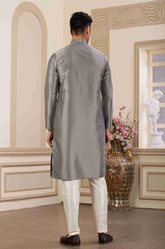 Raivat Ethnic Banarasi Art Silk Hand Work Kurta Pajama In Grey Colour | Swadesiicart