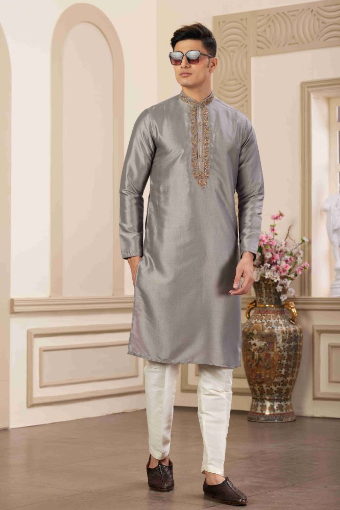 Raivat Ethnic Banarasi Art Silk Hand Work Kurta Pajama In Grey Colour | Swadesiicart