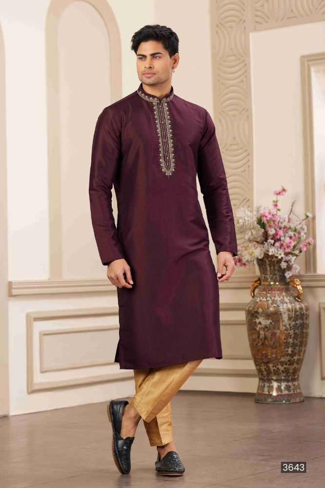 Raivat Ethnic Banarasi Art Silk Hand Work Kurta Pajama In Wine Colour | Swadesiicart