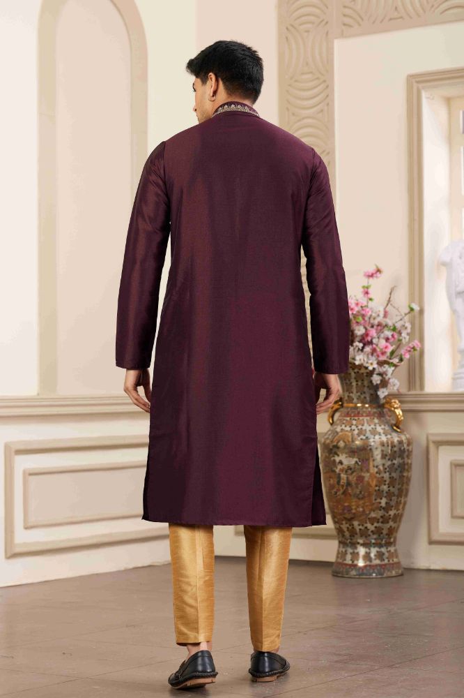 Raivat Ethnic Banarasi Art Silk Hand Work Kurta Pajama In Wine Colour | Swadesiicart