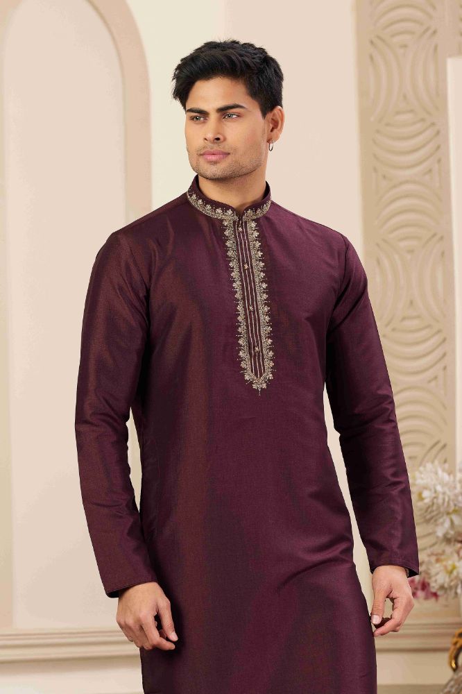 Raivat Ethnic Banarasi Art Silk Hand Work Kurta Pajama In Wine Colour | Swadesiicart