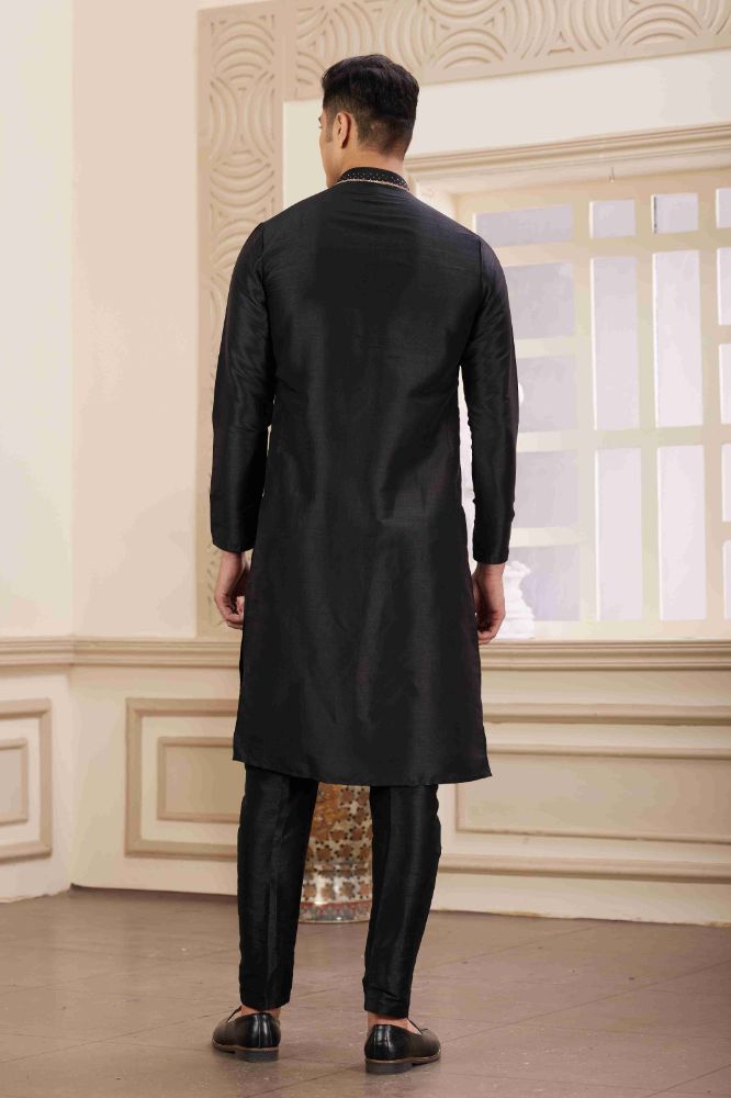Raivat Ethnic Banarasi Art Silk Hand Work Kurta Pajama In Black Colour | Swadesiicart