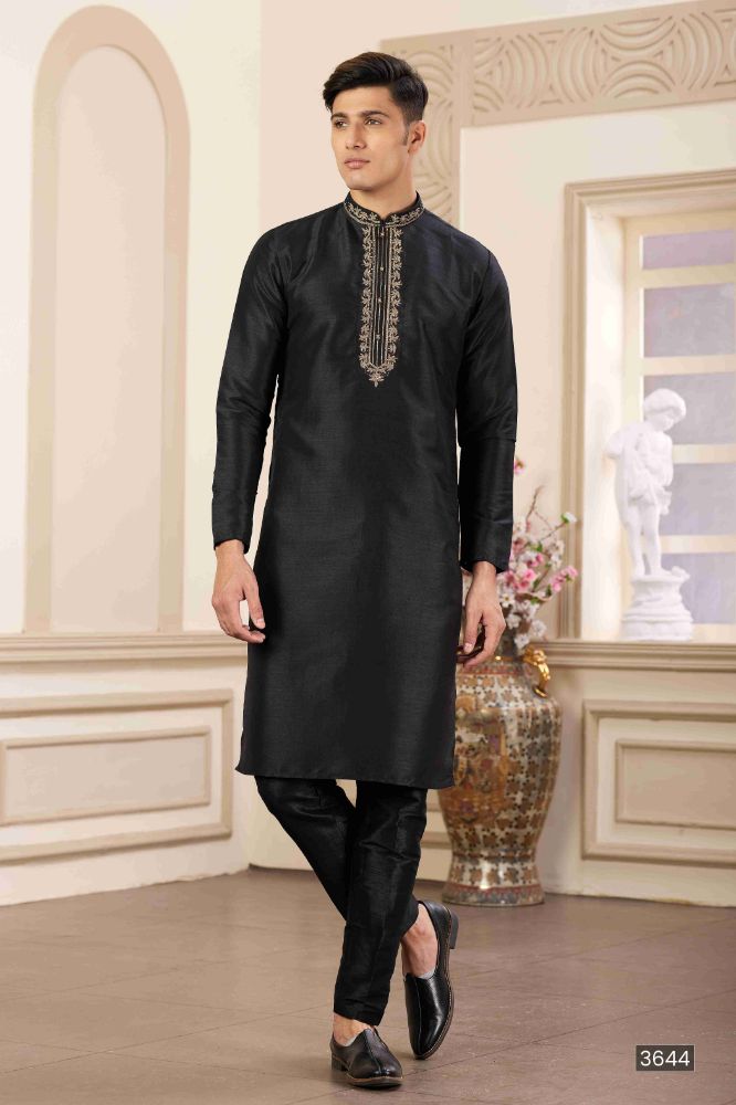 Raivat Ethnic Banarasi Art Silk Hand Work Kurta Pajama In Black Colour | Swadesiicart