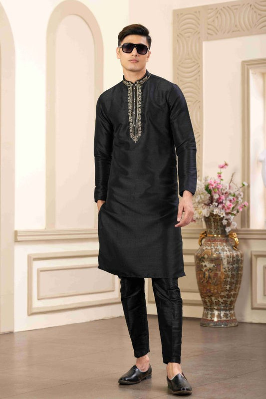 Raivat Ethnic Banarasi Art Silk Hand Work Kurta Pajama In Black Colour | Swadesiicart